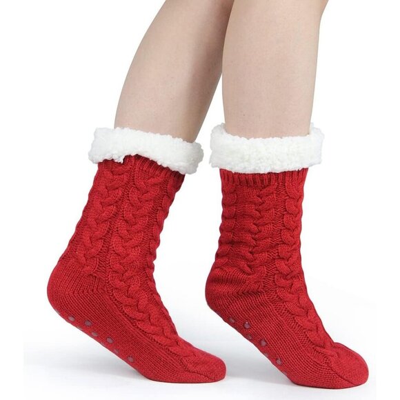 Women\'s Red With Gripper Winter Non Slip Thick Fuzzy Socks Warm Cozy Christmas
